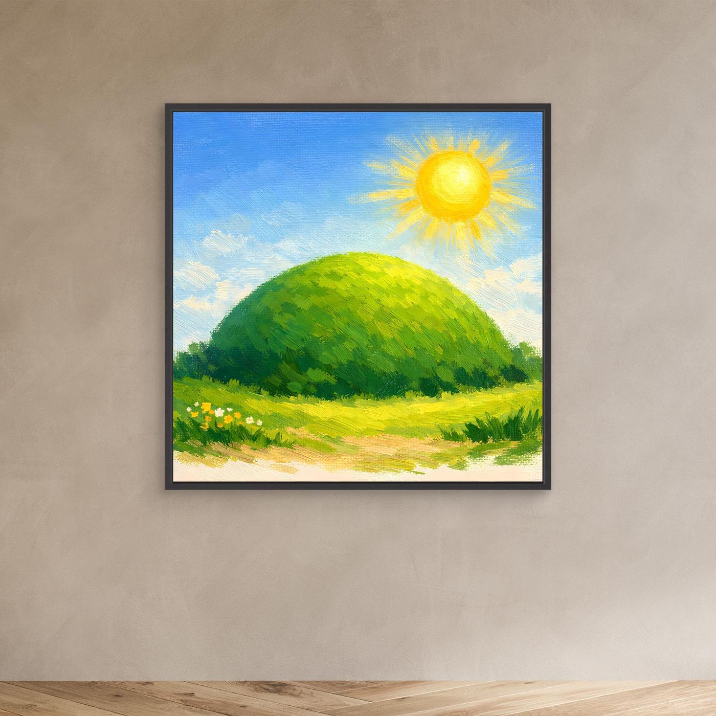 Kleines Leinwandbild mit schwarzem Rahmen: grüner Hügel, gelbe Sonne, Blumenwiese