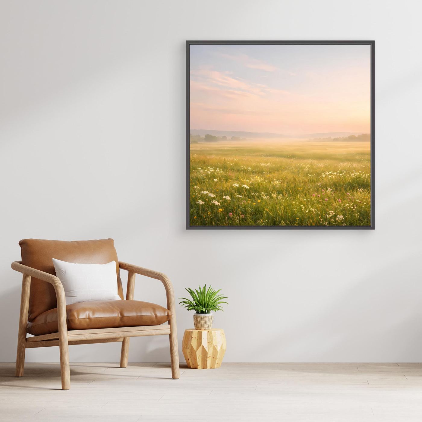 Leinwandbild Blumenwiese im Nebel mit schwarzem Bilderrahmen