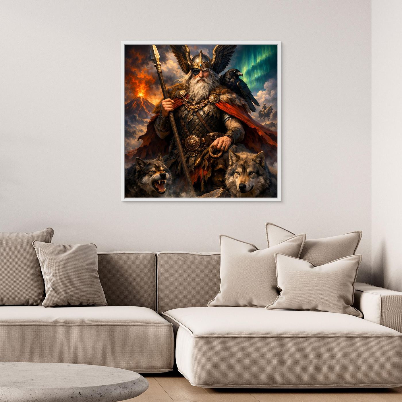 Leinwand Göttervater Odin mit Wölfen und Rabe | Mythologisches Wikinger Wandbild
