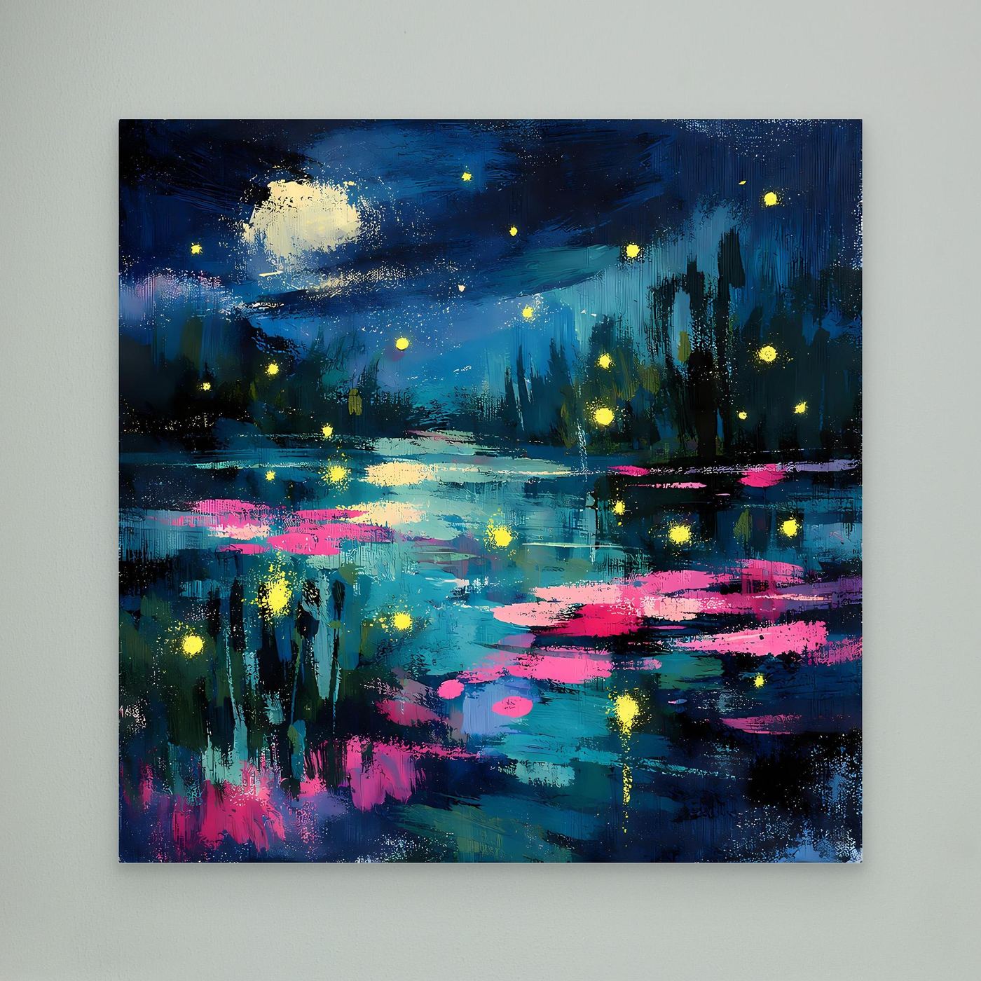 Abstract canvas wall art: moonlit lake with glowing fireflies and pink reflections