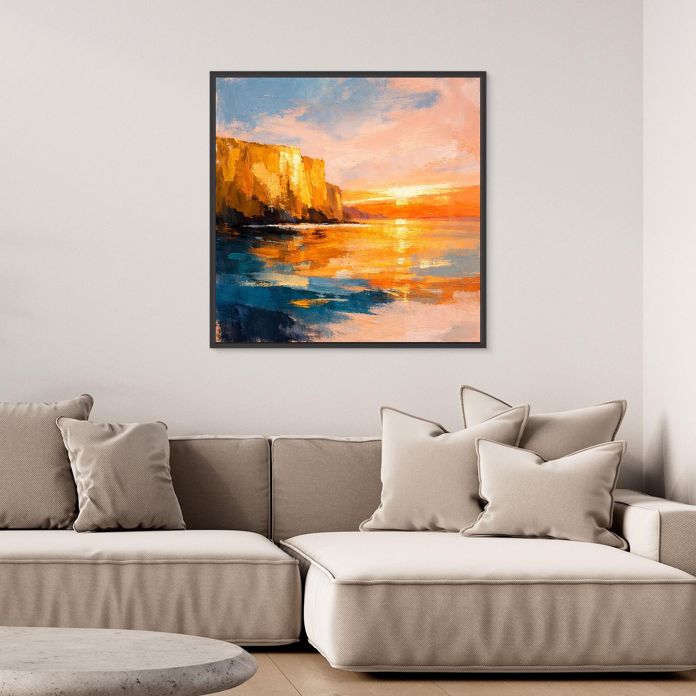 Leinwand Goldener Sonnenuntergang an der Steilküste | Abstraktes Meeres Wandbild