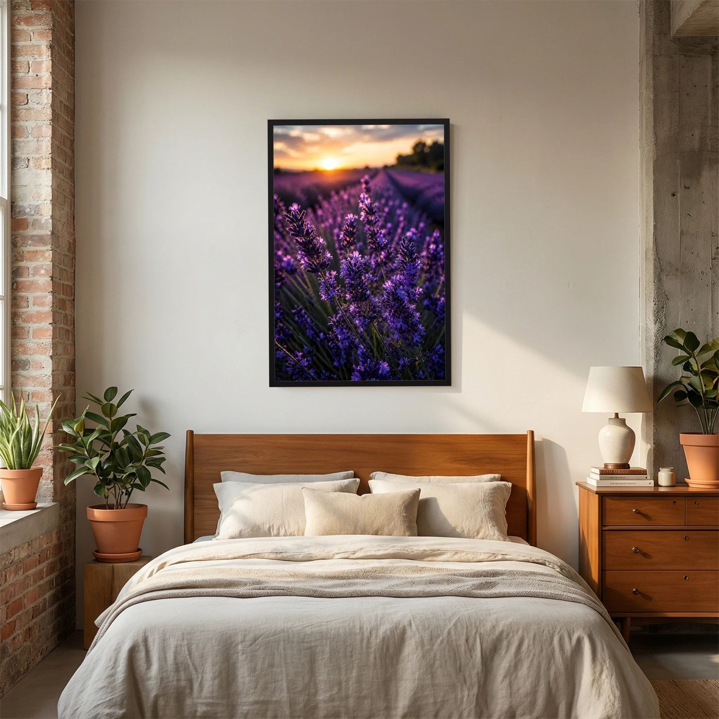 Lavendel-Poster mit violetten Blüten im Abendlicht, im schwarzen Rahmen
