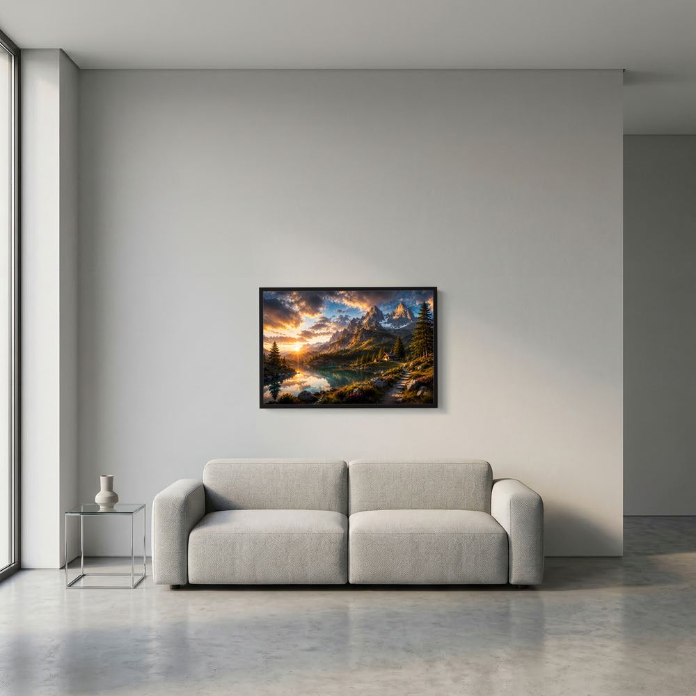 Wandposter im Querformat mit Alpenlandschaft, Bergspiegelung und Berghütte im dunklen Rahmen