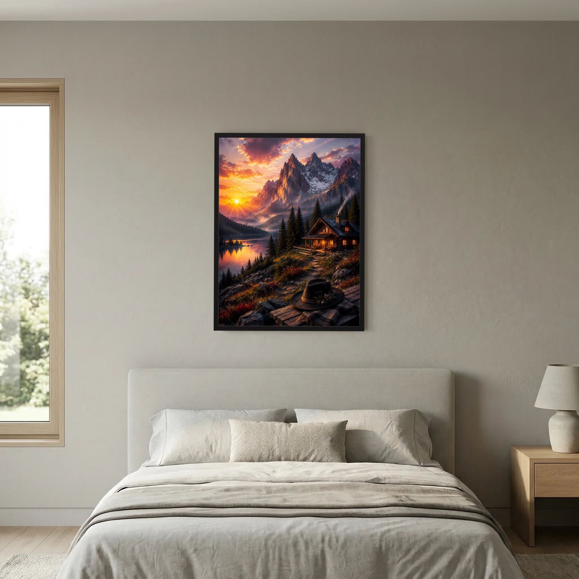 Poster im Hochformat mit Bergsee und Berghütte im Sonnenuntergang, schwarzer Rahmen