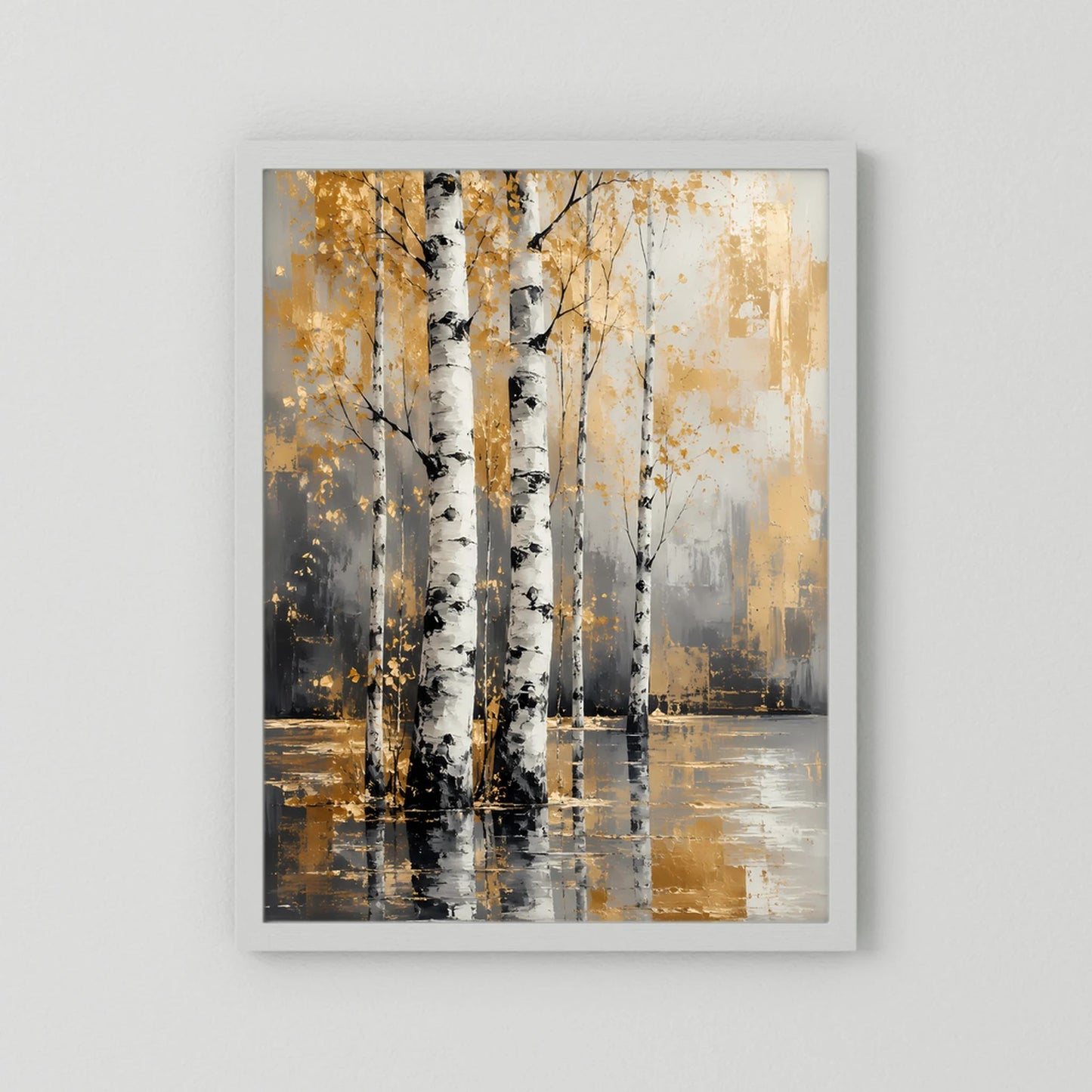 Hochformat-Poster mit abstrakten Birken in Weiß und Goldtönen, Wasser-Spiegelung, weiß gerahmt