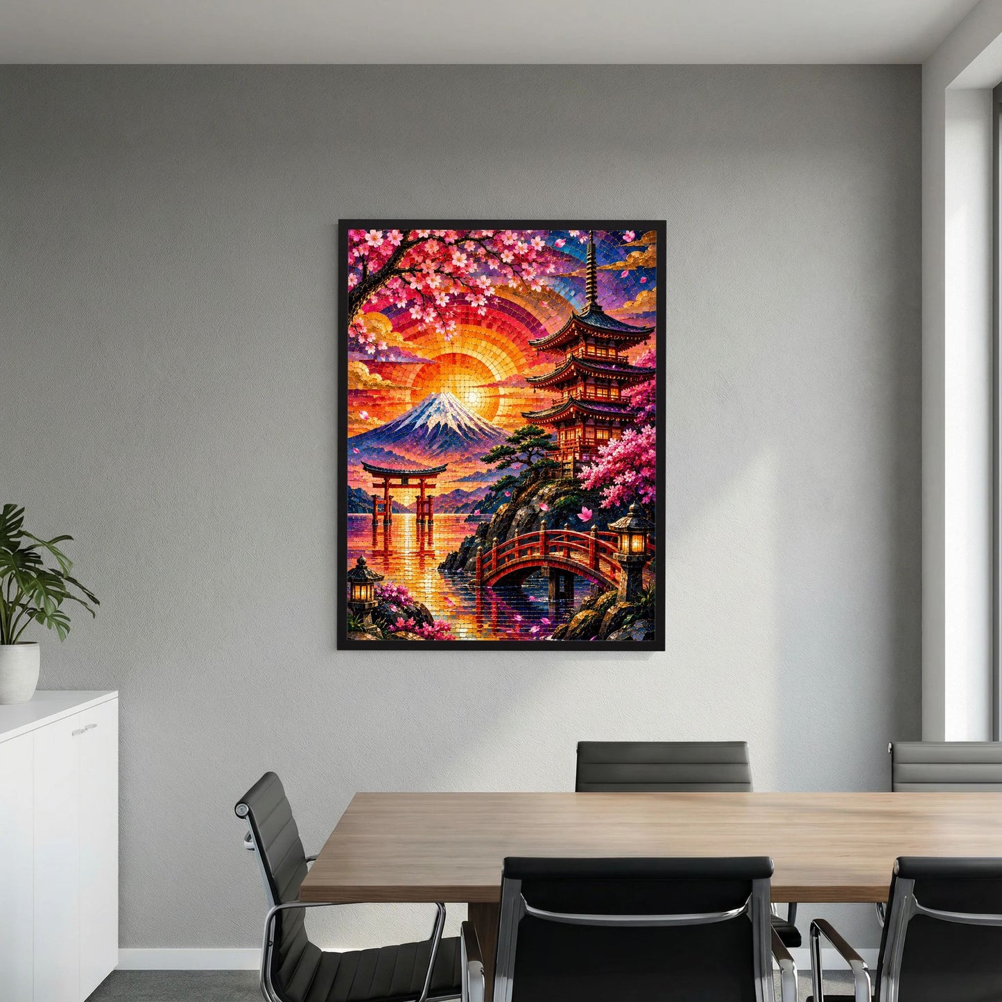 Gerahmtes Poster mit buntem Mosaik-Motiv: Fuji, Sakura und Pagode bei Sonnenuntergang