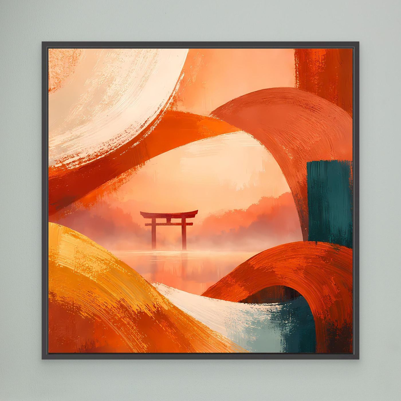 Leinwandbild mit Torii, warmes Orange-Grün-Abstraktmotiv, schwarz gerahmt.