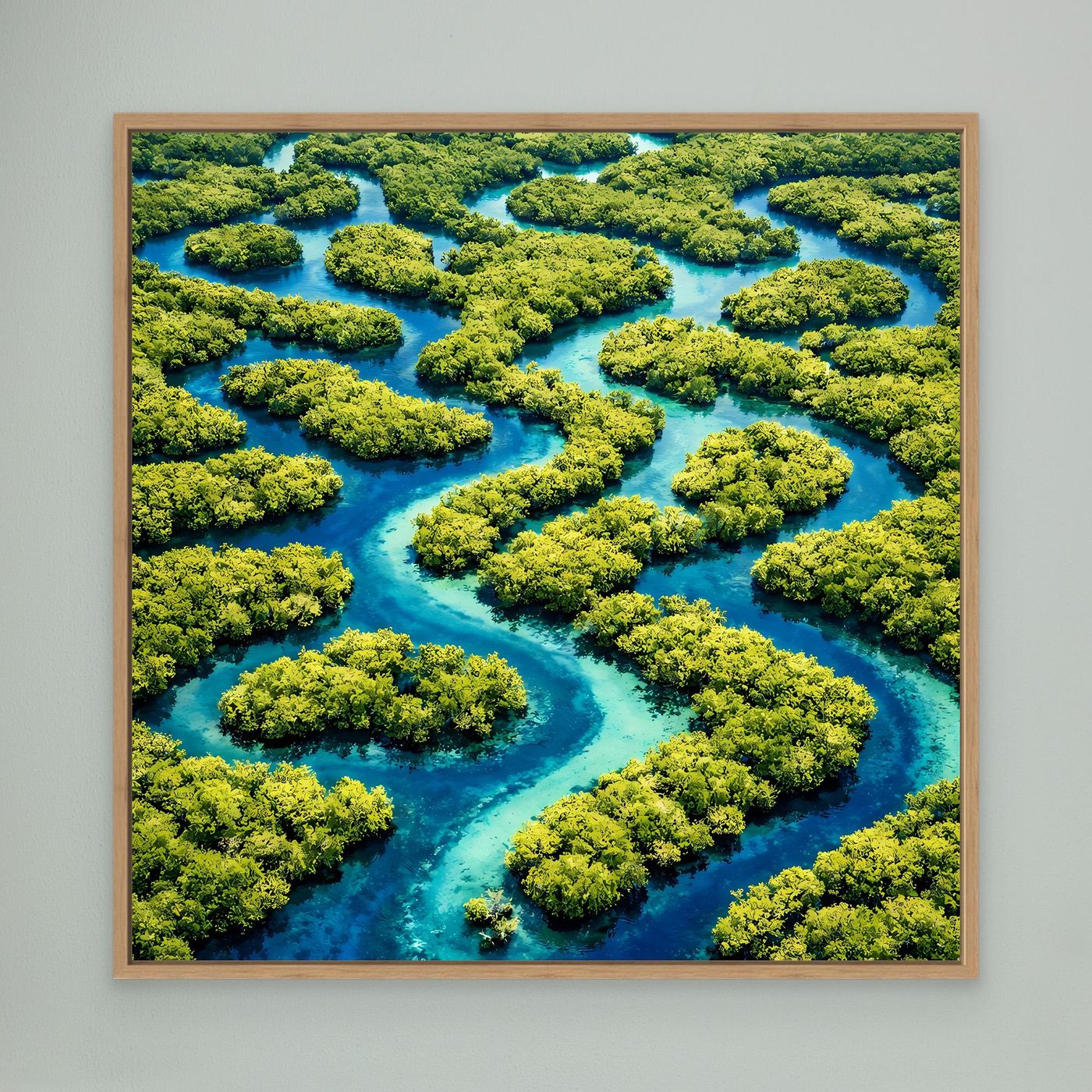 Leinwandbild Wasserlabyrinth mit Holzrahmen: türkisblauer Fluss und grüne Inseln