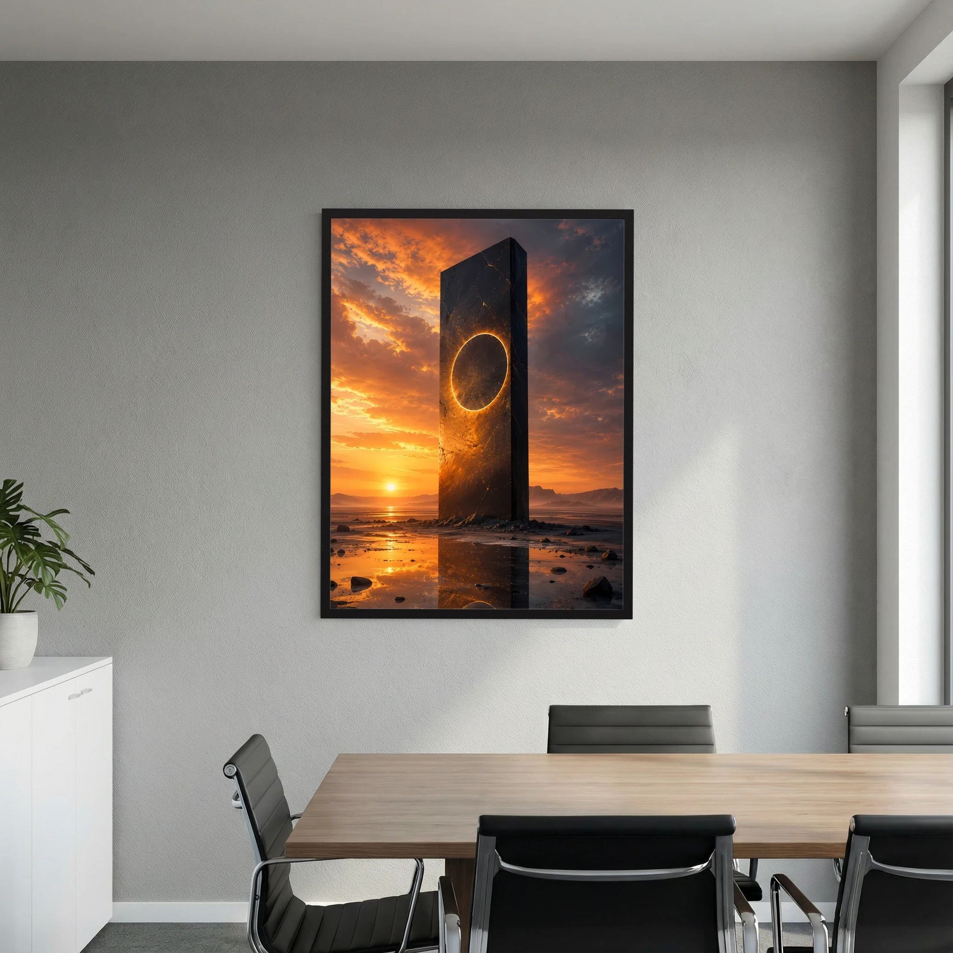 Hochformatiges Poster mit schwarzem Portal-Monolith und goldener Öffnung, orangeblauer Himmelsszene