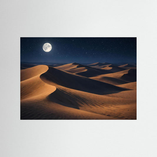 Wüstenlandschafts-Poster: goldene Dünen unter Vollmond am Nachthimmel