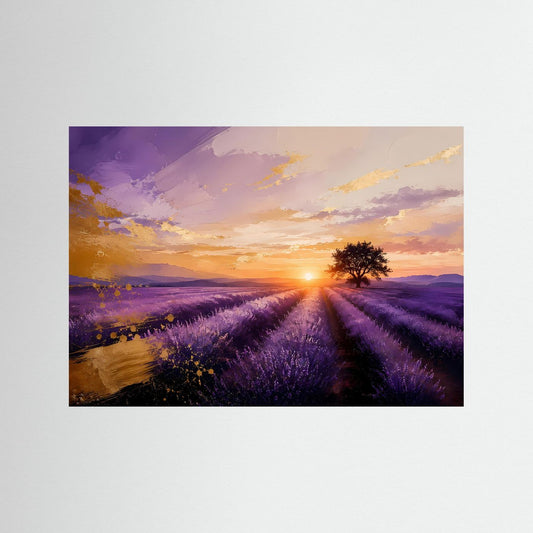 Lavendelfeld-Wandbild mit Sonnenuntergang: lila Felder und goldene Sonne