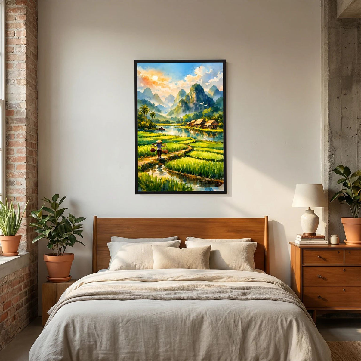 Reisfelder-Wandbild im Hochformat mit Fluss, Reisterrassen und Dorfhütten, im dunklen Rahmen.