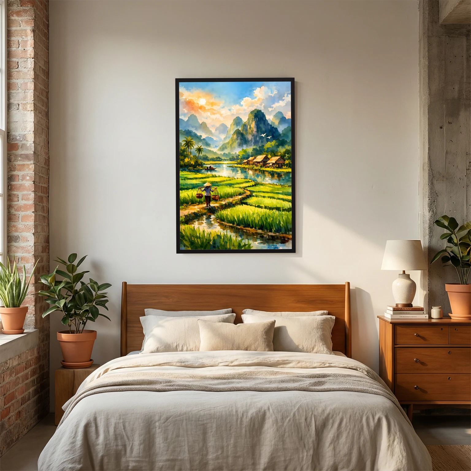 Reisfelder-Wandbild im Hochformat mit Fluss, Reisterrassen und Dorfhütten, im dunklen Rahmen.