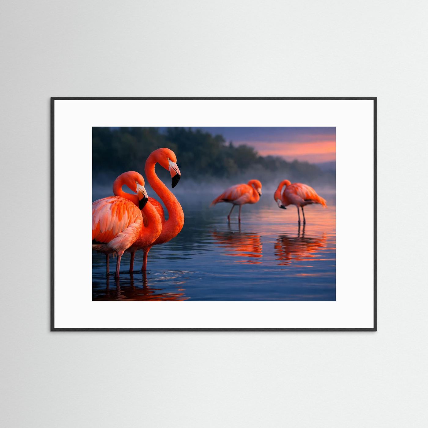 Flamingo-Schwarm im Abendrot als Panorama-Poster, schwarzer Rahmen und weißer Rand
