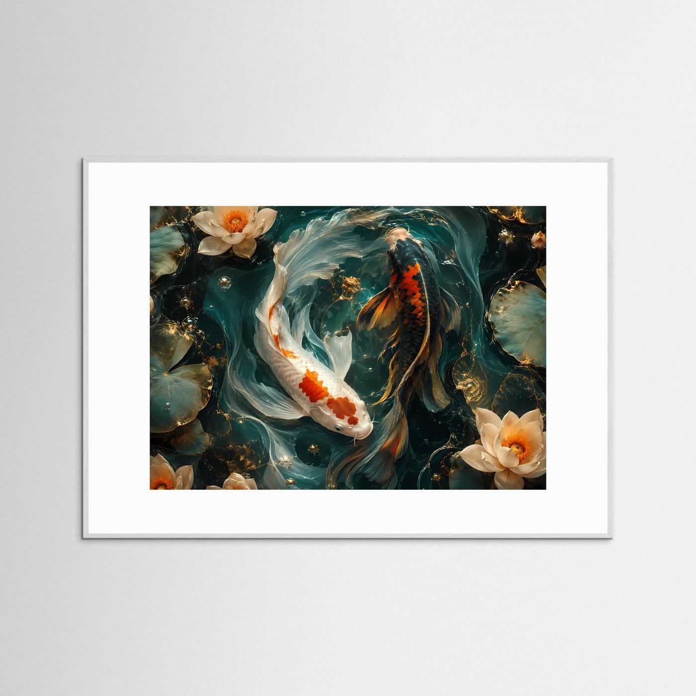 Yin Yang Koi Fische mit Lotusblüten | Elegantes Feng Shui Poster Querformat