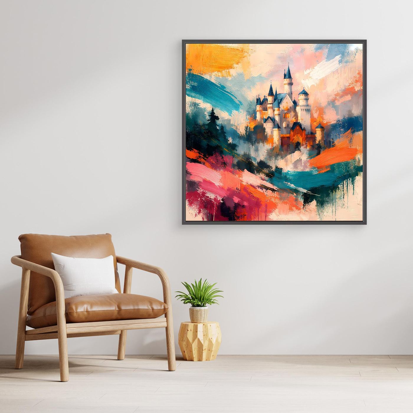 Premium Leinwand Märchenhaftes Schloss in abstrakten Farben | Modernes Castle Wandbild
