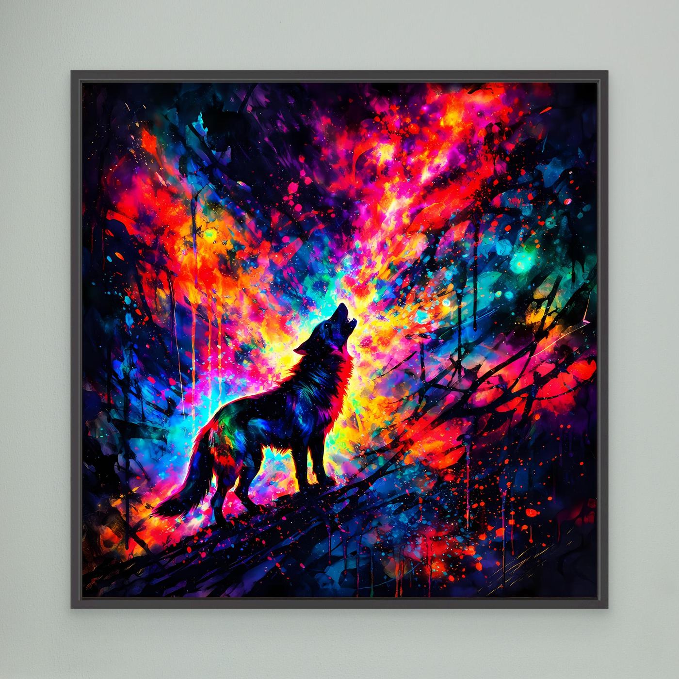 Leinwandbild: heulender Wolf farbig, schwarz gerahmt, abstrakte Farbexplosion mit Spritzern