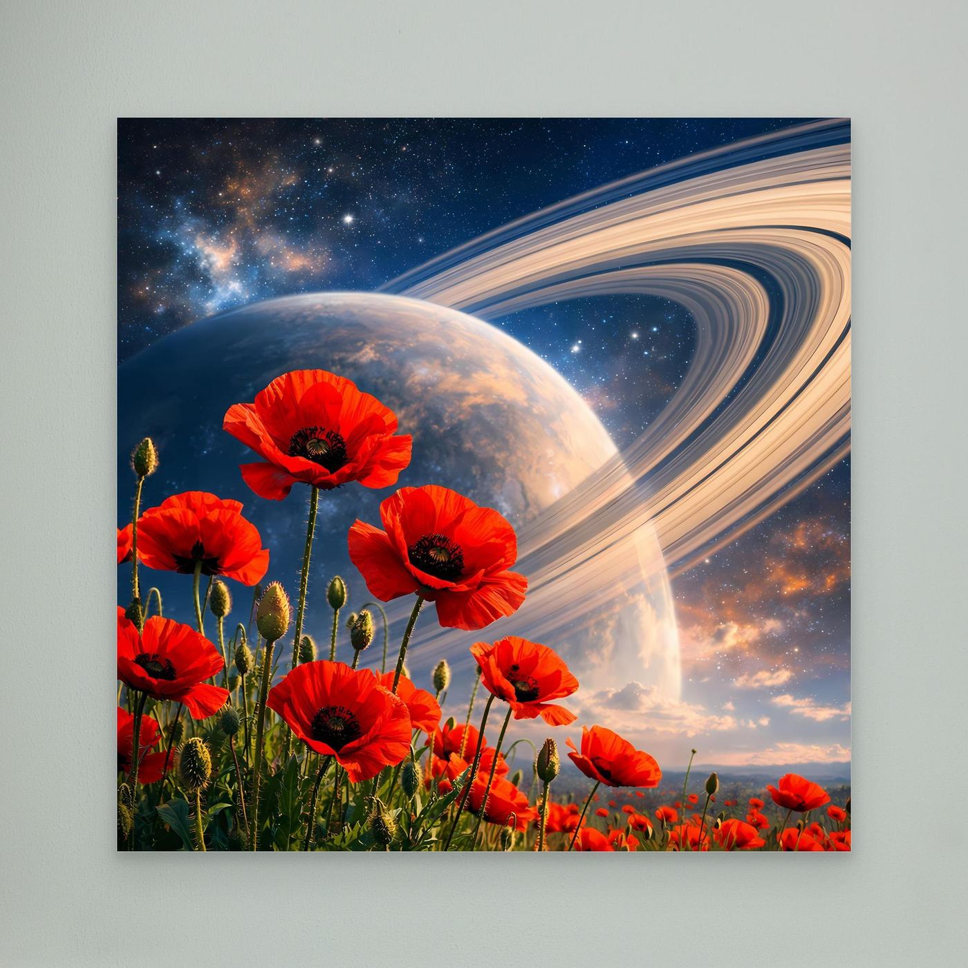 Leinwandbild mit roten Mohnblumen und Weltall-Motiv ohne Rahmen
