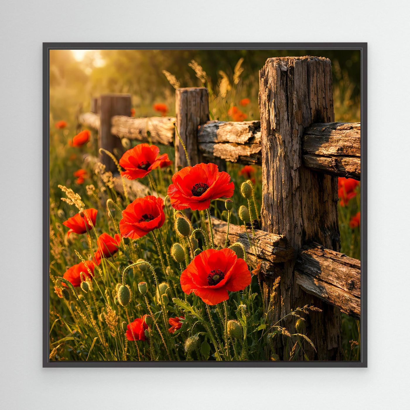 Leinwandbild mit roten Mohnblumen und Holz-Zaun, schwarzer Rahmen