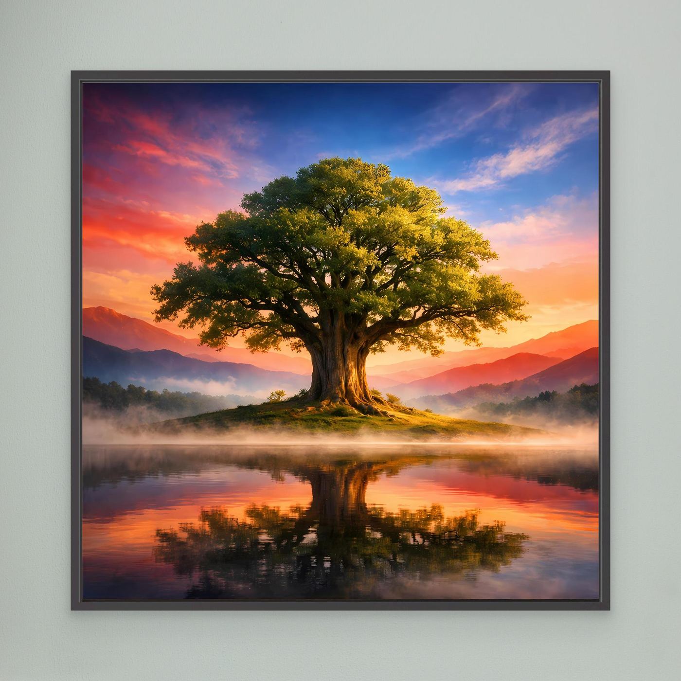 Leinwandbild Lebensbaum mit See-Spiegelung im Sonnenuntergang, schwarz gerahmt.