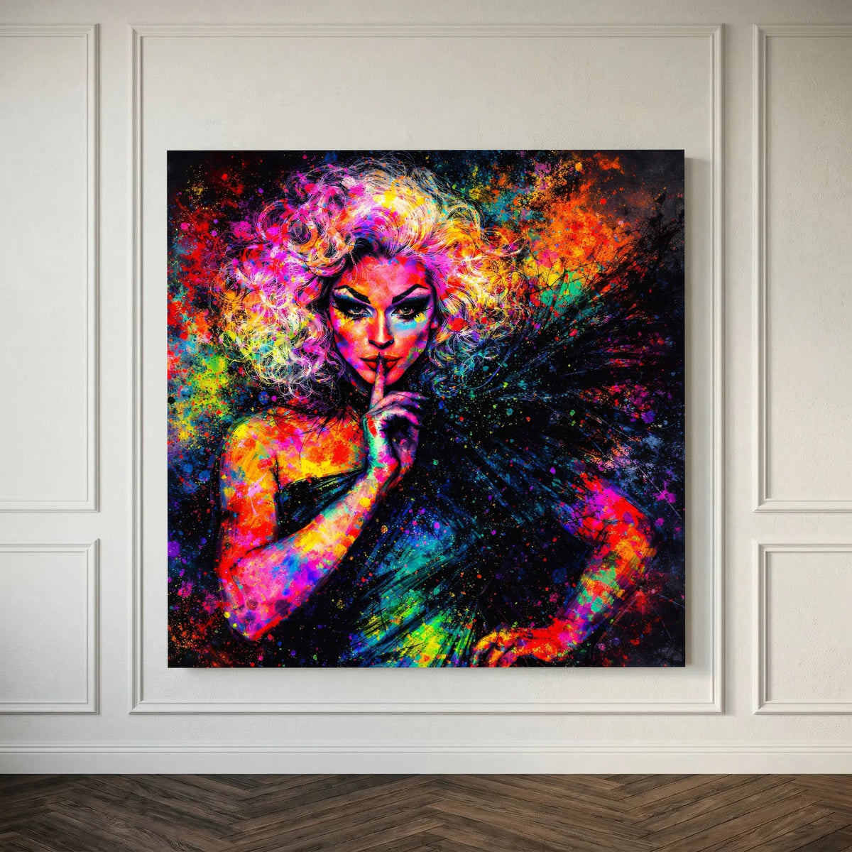 Leinwandbild auf Keilrahmen mit Portrait einer Drag Queen, multicolor Aura und Farbwirbel