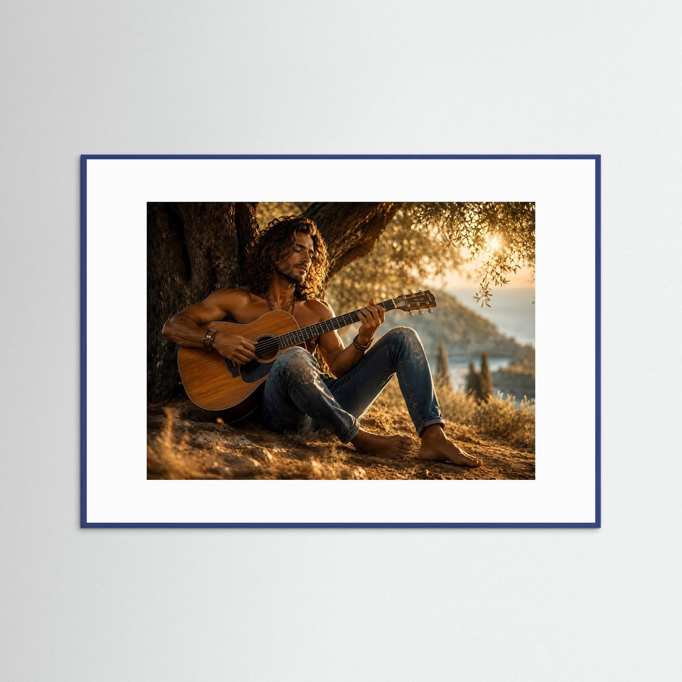 Poster Querformat: sitzender Gitarrist mit Akustikgitarre, blauer Holzrahmen