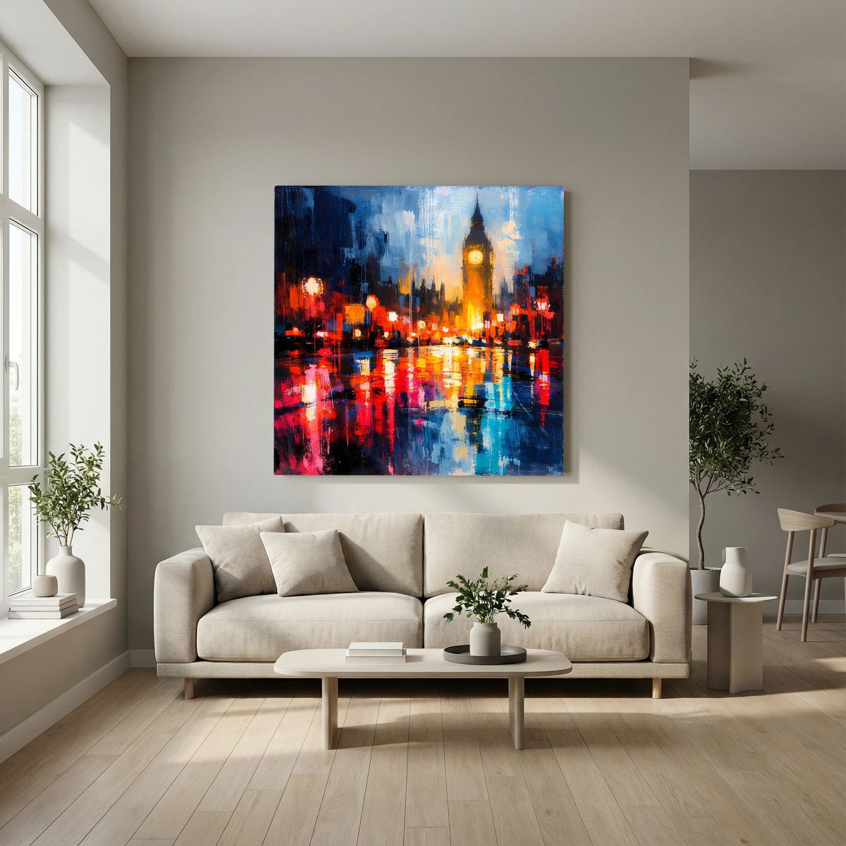 Leinwand Abstraktes Big Ben London Gemälde | Modernes Urbanes Wandbild bei Nacht