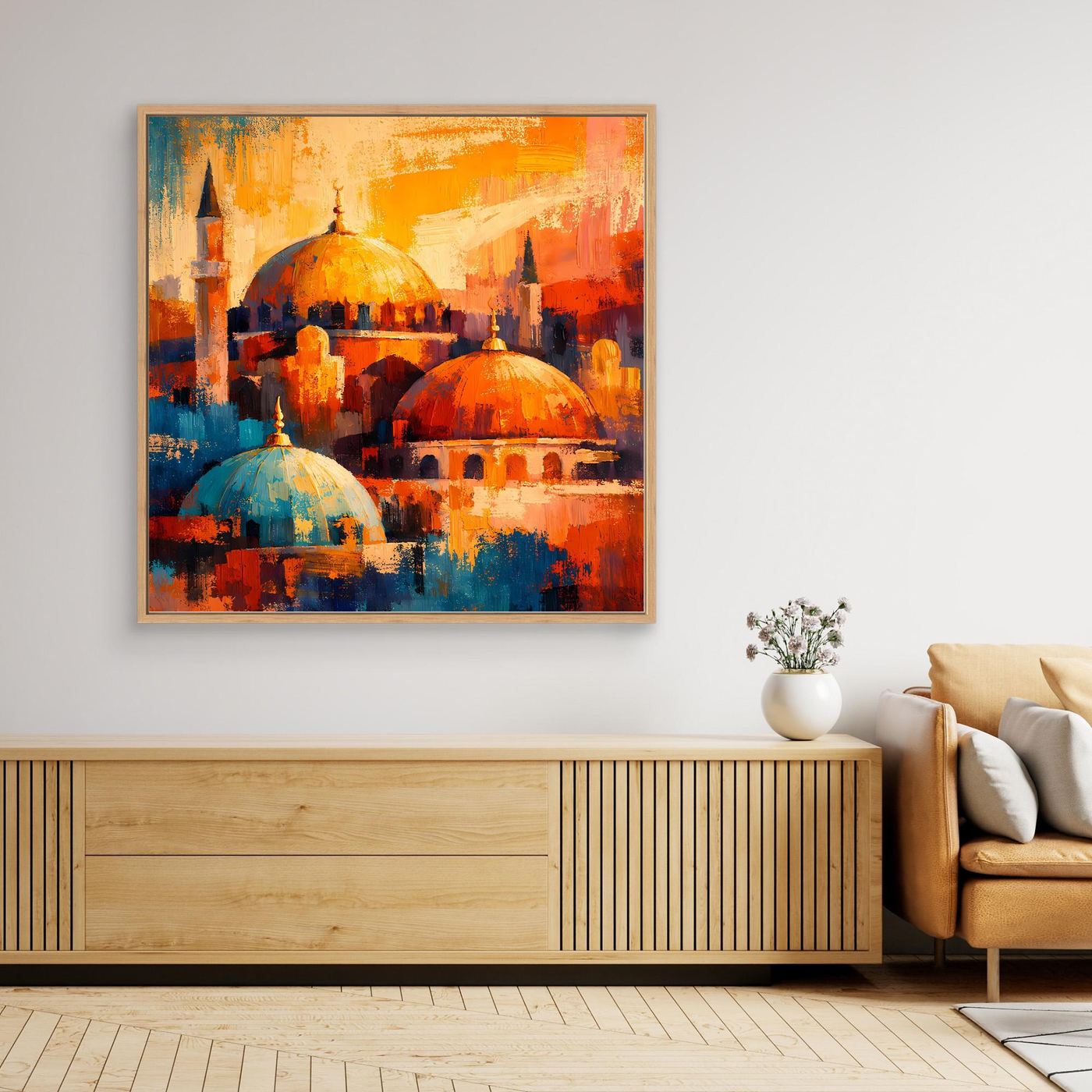 Gerahmtes Leinwandbild mit Holzrahmen: orientalische Moschee, abstrakte Farbkomposition