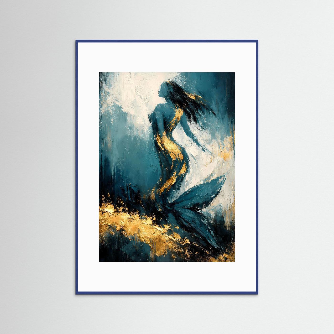 Gerahmtes Kunstposter mit Meerjungfrau, türkis-tiefblau, goldene Akzente, abstrakt