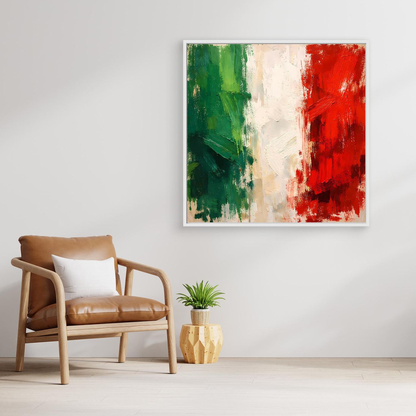 White framed abstract wall canvas with green, white and red brush strokes