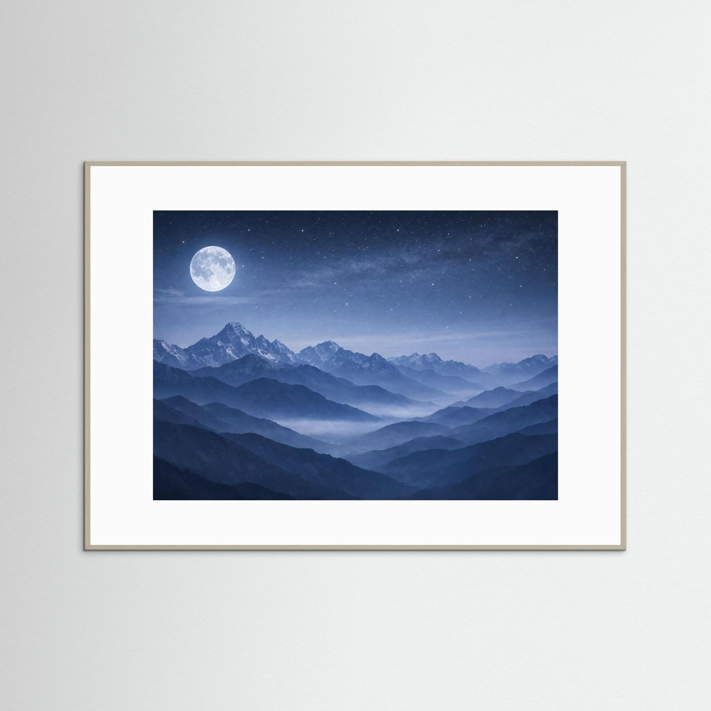 Panorama-Berg-Poster mit Vollmond und Sternenhimmel, grauer Rahmen, Querformat