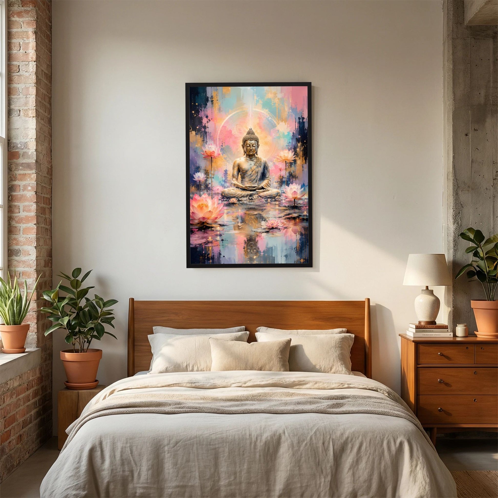 Poster: meditierender Buddha mit goldener Statue und Lotusblüten im schwarzen Rahmen