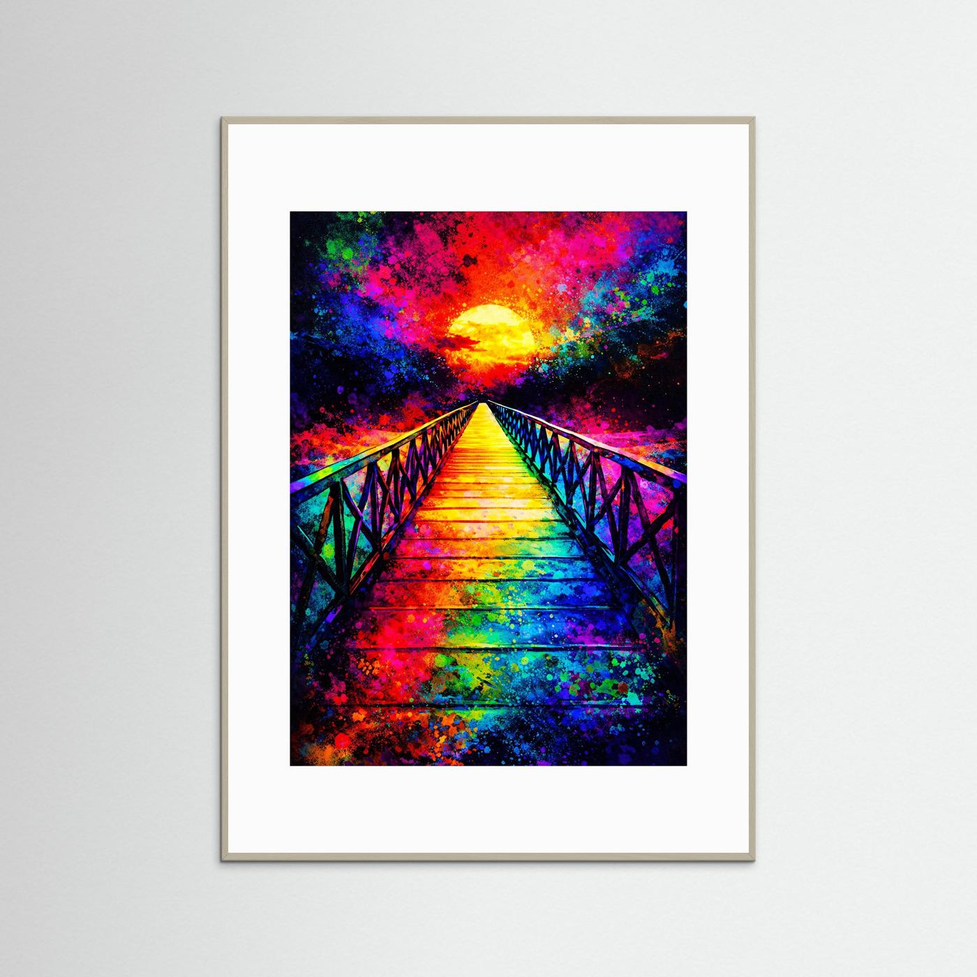 Abstraktes Leinwandbild: bunte Brücke zum Sonnenuntergang, beigefarbener Rahmen