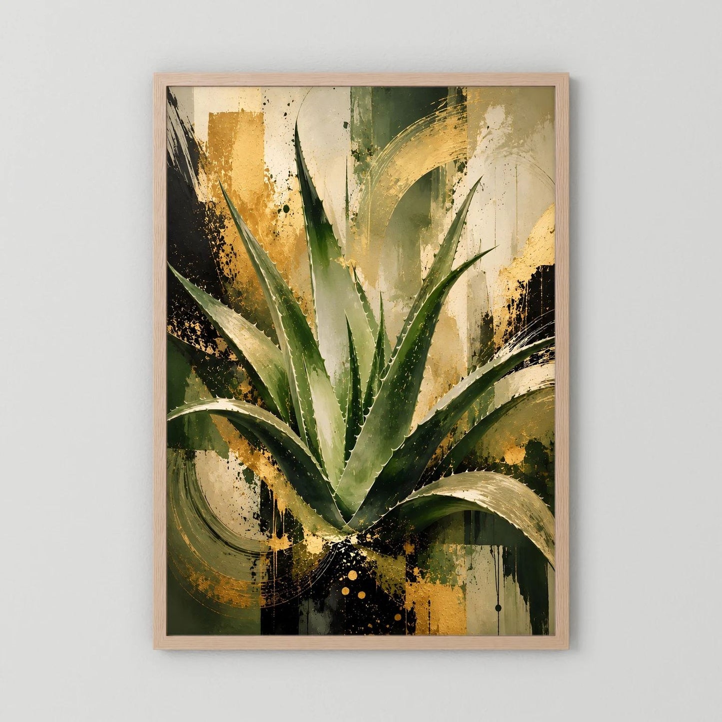 Aloe-Vera-Wandposter mit abstrakter Pflanze in Grün und Gold im hellen Holzrahmen