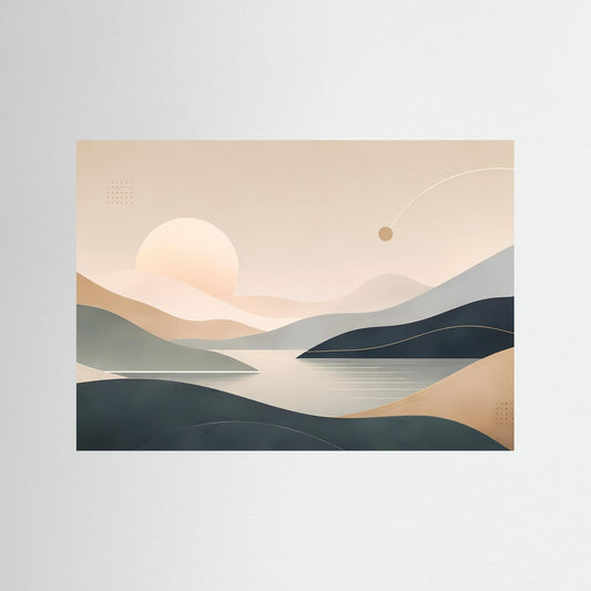 Horizontales Poster mit abstrakter Landschaft, Sonne, Beige- und Blautönen