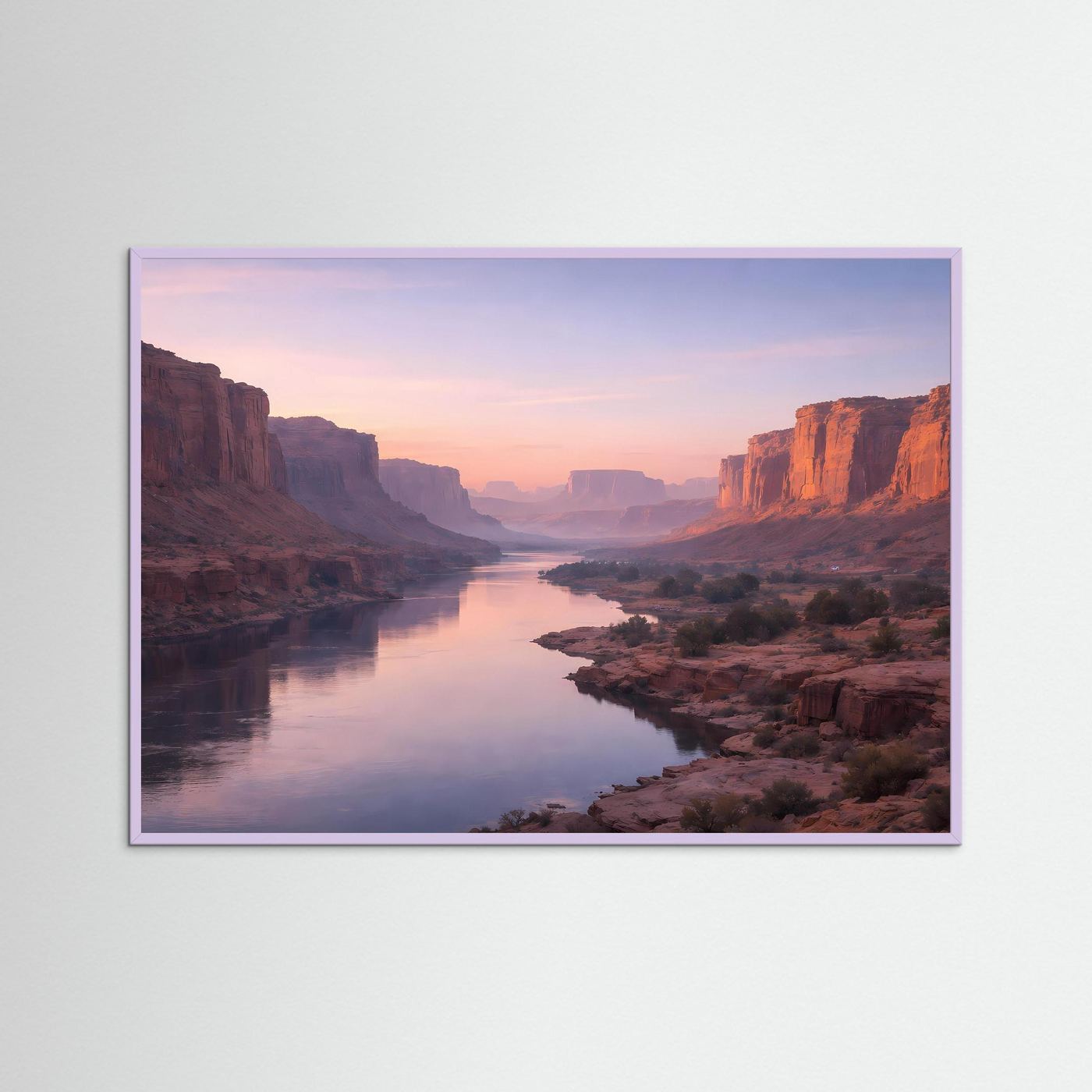Gerahmtes Wandbild Grand Canyon: Fluss im Sonnenuntergang, violetter Rahmen