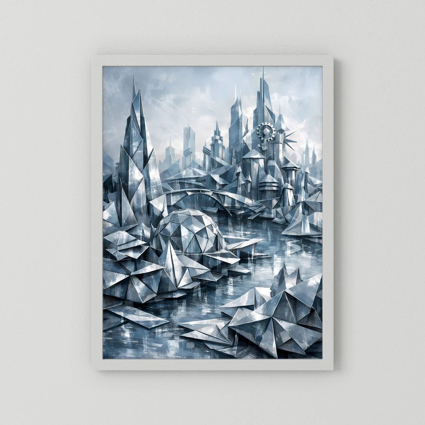 Futuristisches Stadtposter mit silbern-blauer Geometrie, im weißen Rahmen mit Rand.