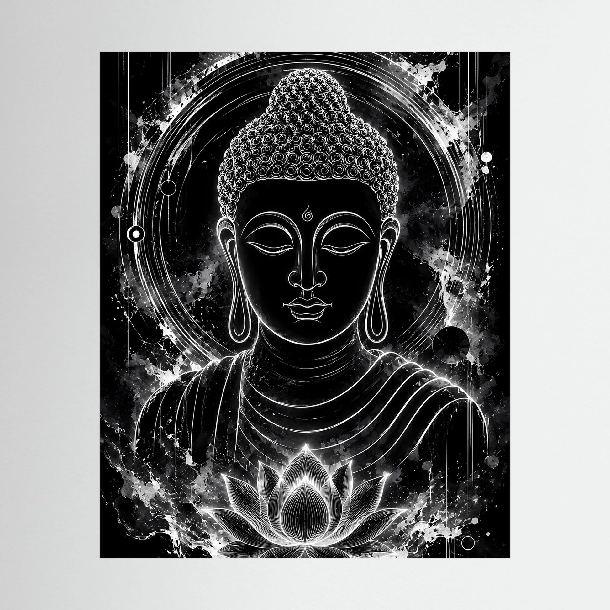 Schwarz-weißes Poster mit Buddha-Kopf, kreisförmiger Aura und Lotus-Emblem