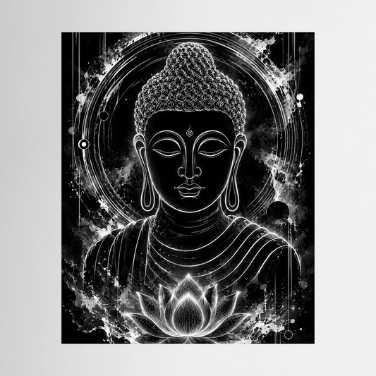 Schwarz-weißes Poster mit Buddha-Kopf, kreisförmiger Aura und Lotus-Emblem