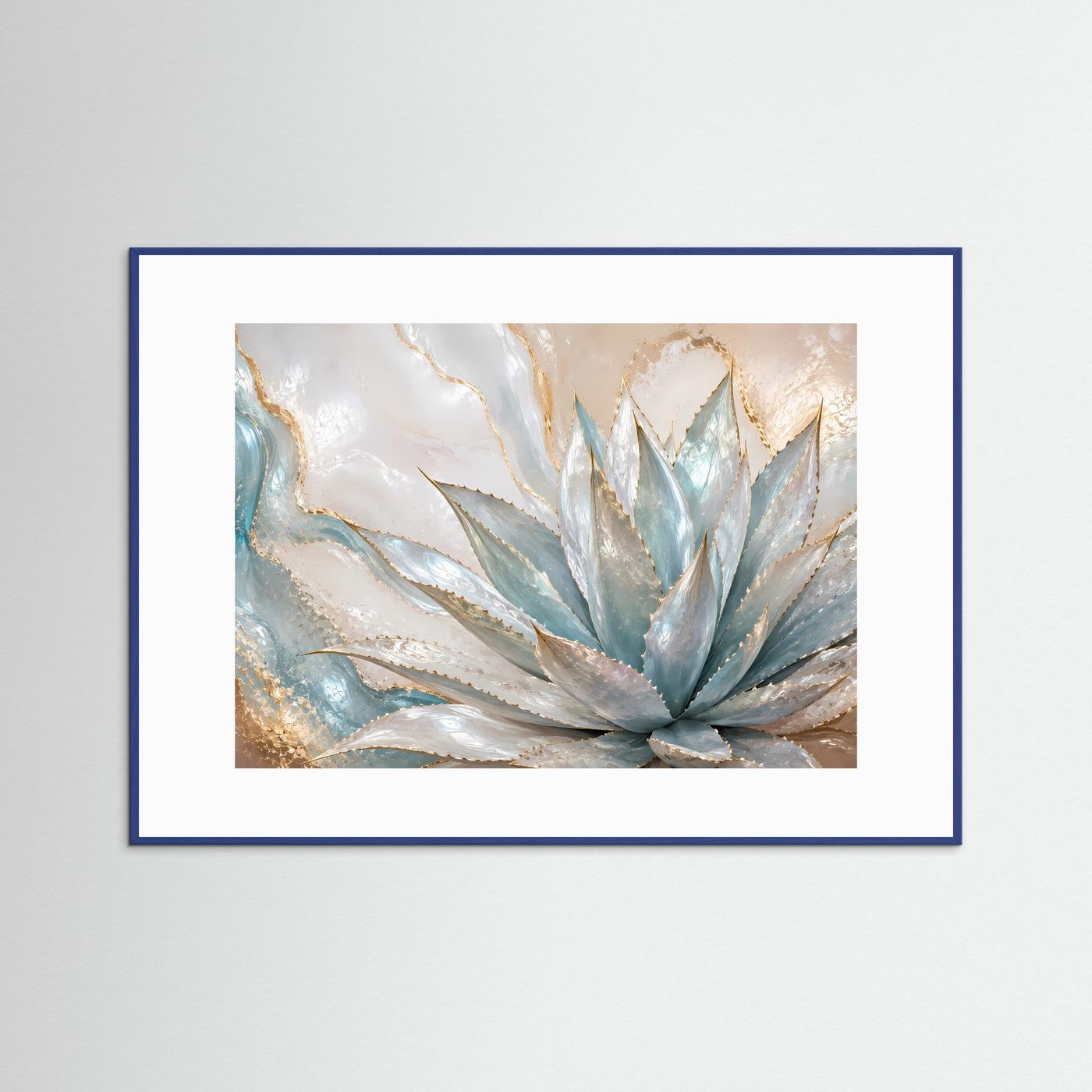 Poster mit abstrakter Agave in Blau, mit blauem Rahmen im Querformat