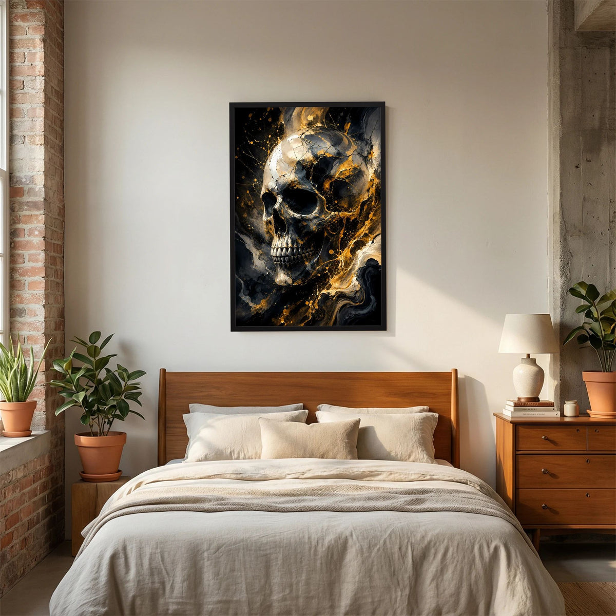 Totenkopf-Poster im Hochformat: schwarzer Schädel mit goldener Fließstruktur, schwarz gerahmt