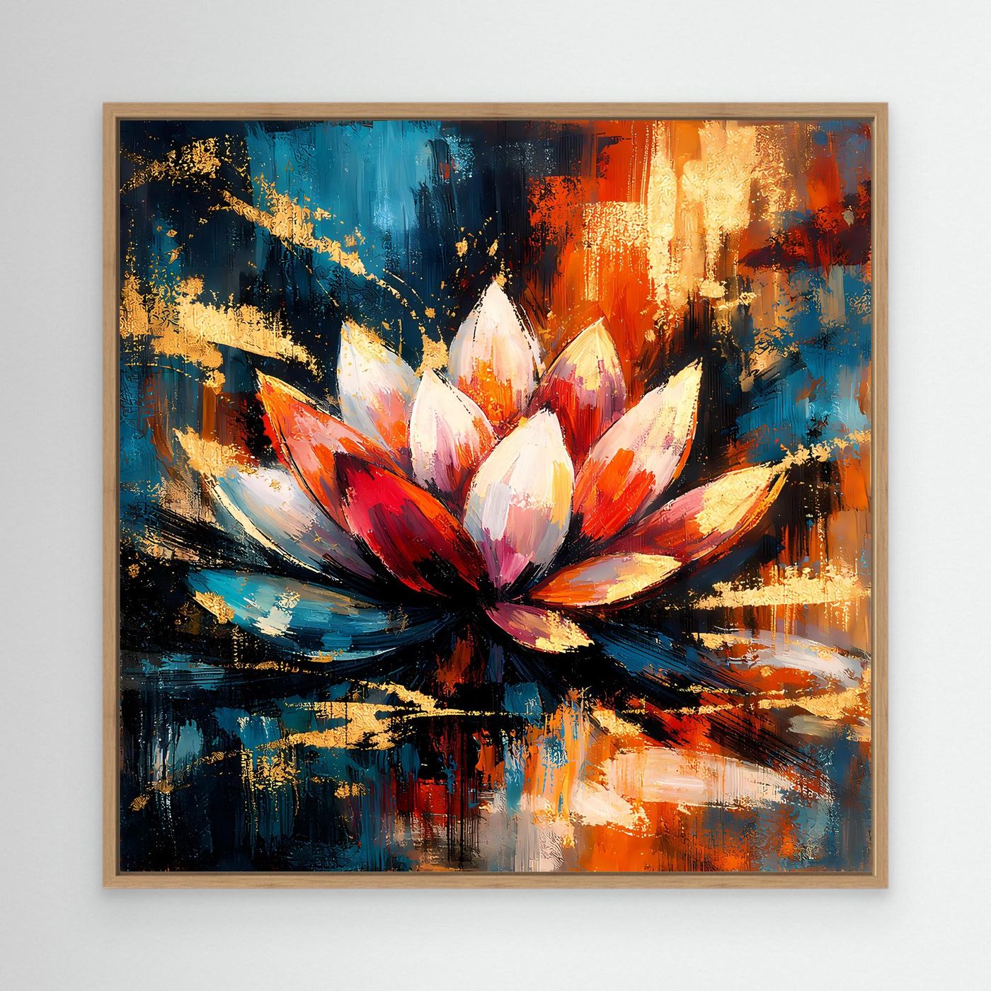 Leinwandbild mit abstrakter Lotusblüte in Blau, Rot und Gold im Eichenrahmen