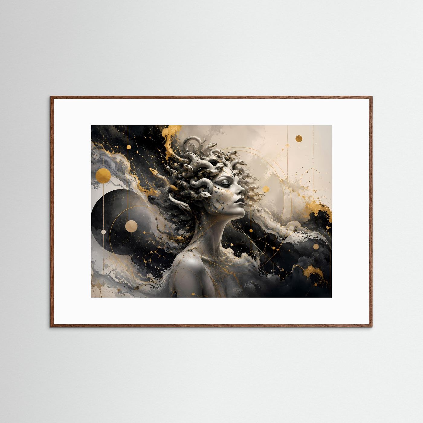 Medusa Poster Schwarz Weiß Gold | Mythologische Wandkunst | Abstrakte Gorgon Kunst | Elegantes Griechenland Portrait | Luxuriöse Leinwand