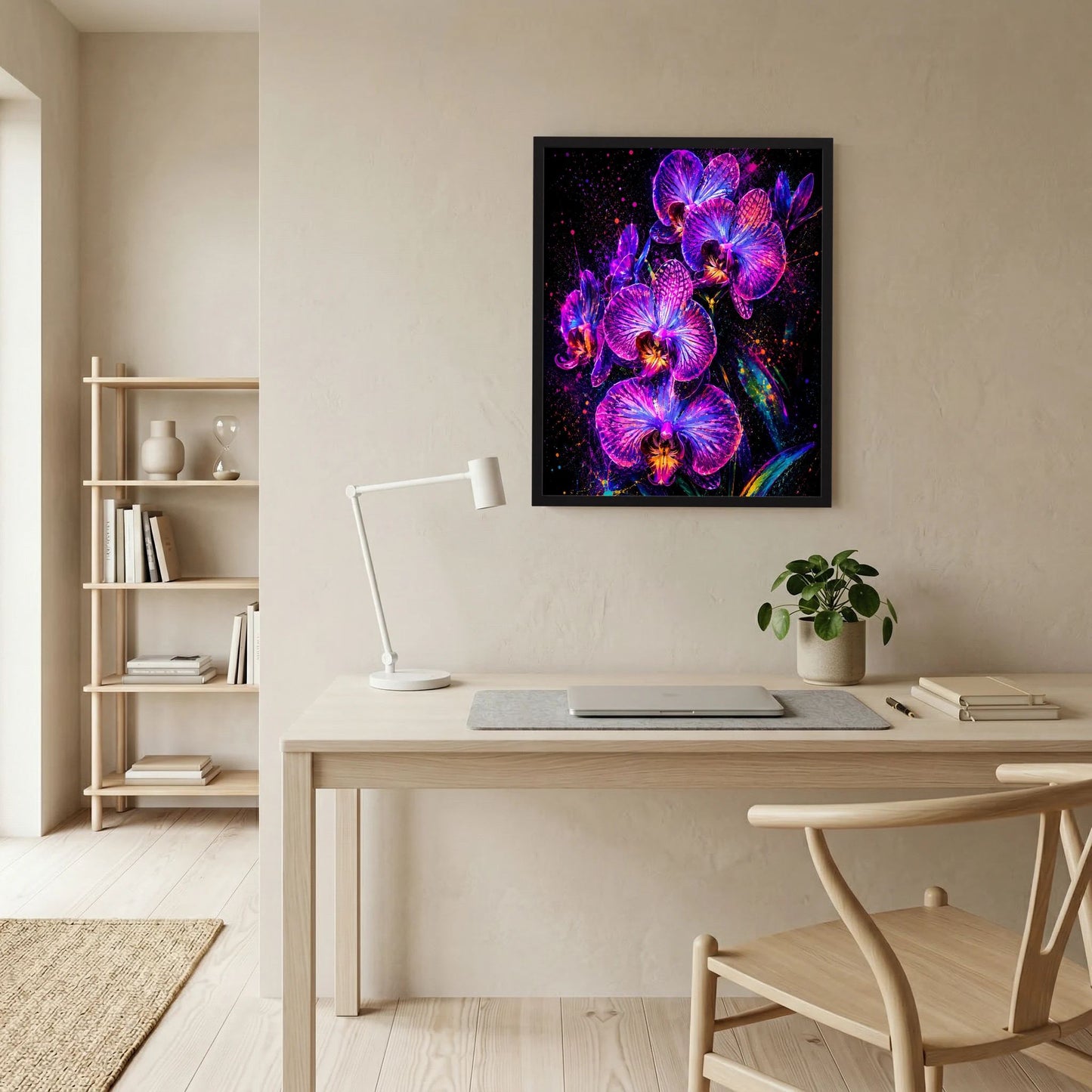 Neon-Orchideen-Blumenposter mit schwarzem Rahmen im Raum, leuchtende Pink- und Violettblüten