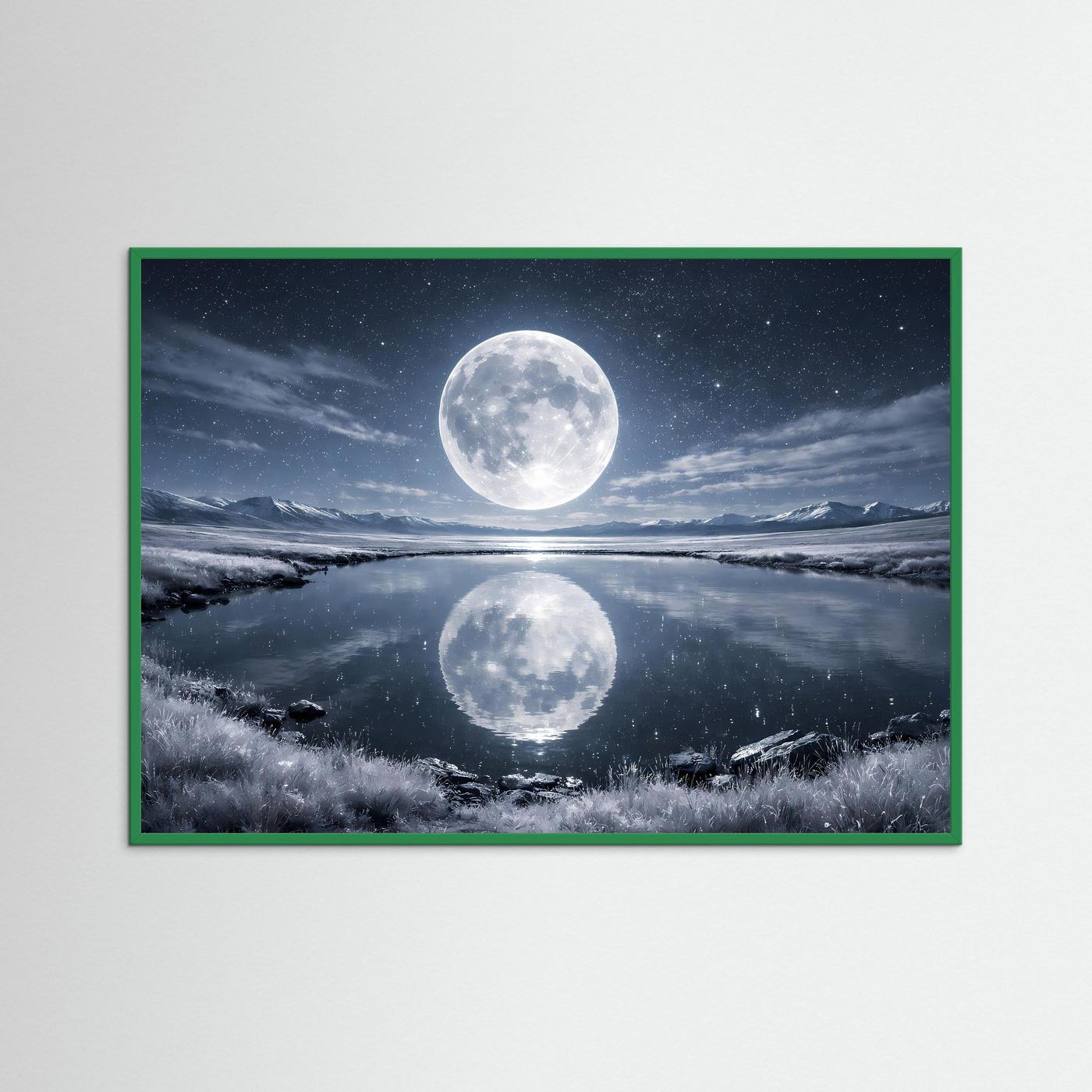 Wandbild mit Vollmond über Bergsee und Spiegelbild, grüner Rahmen