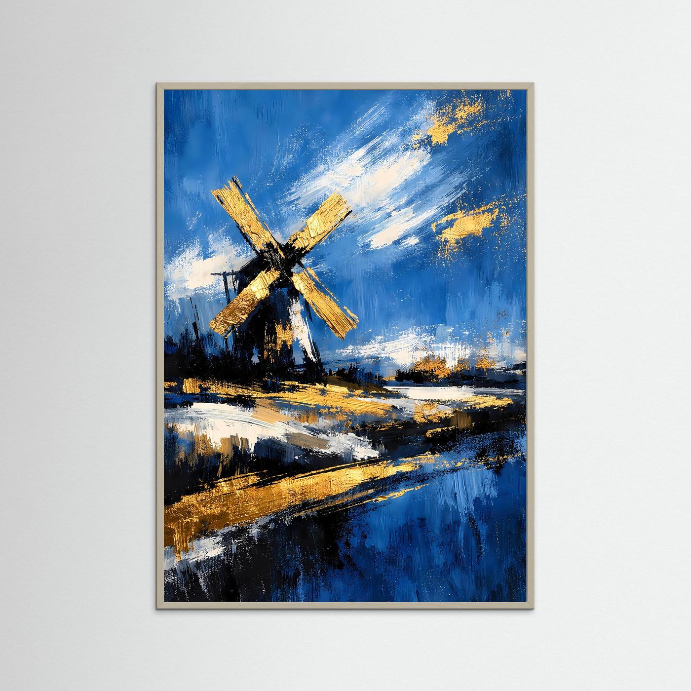 Wandkunstposter mit Windmühle in Gold auf blauem Landschaftsgemälde, mit Holzrahmen