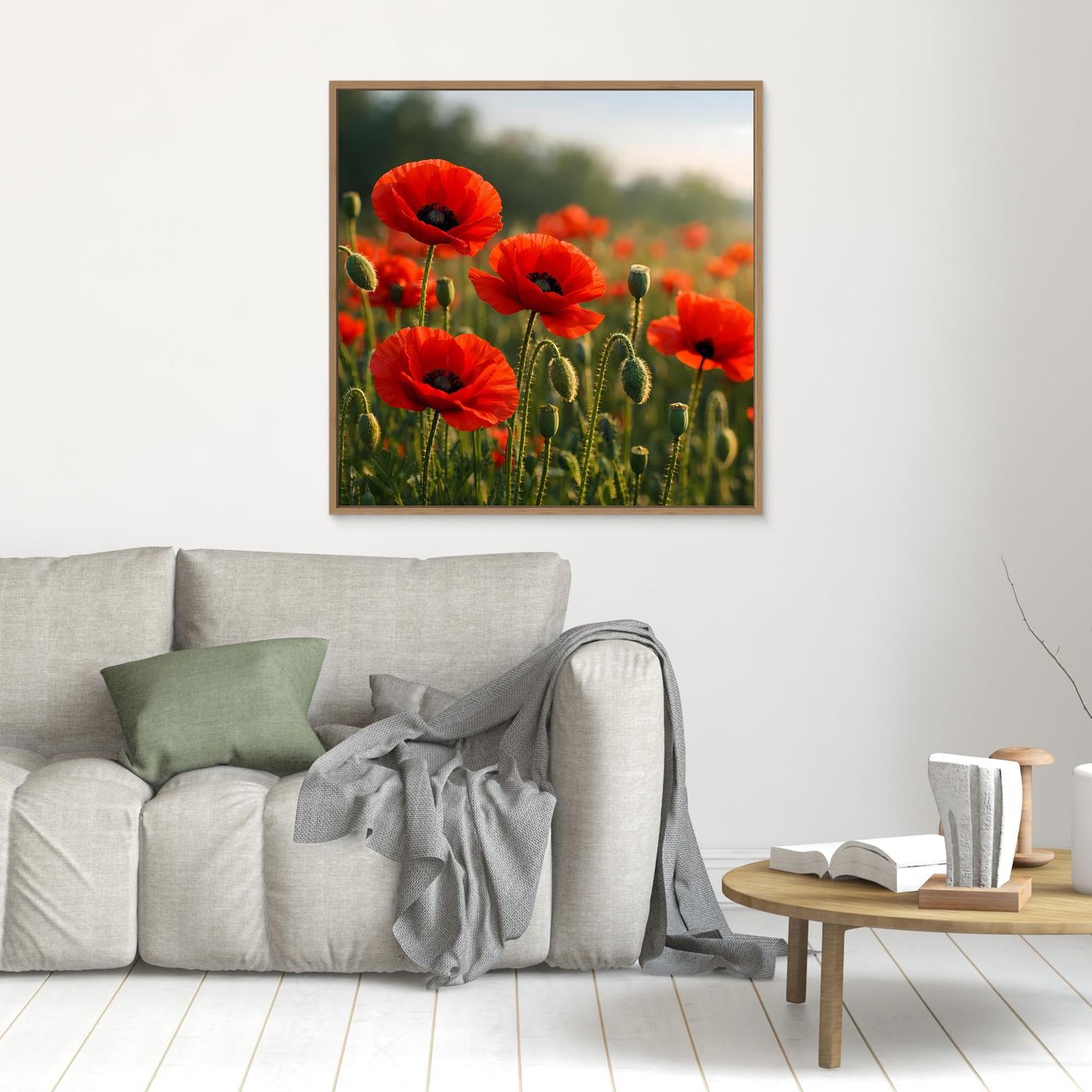 Wandbild mit rotem Klatschmohn auf grünem Feld, naturfarbener Holzrahmen
