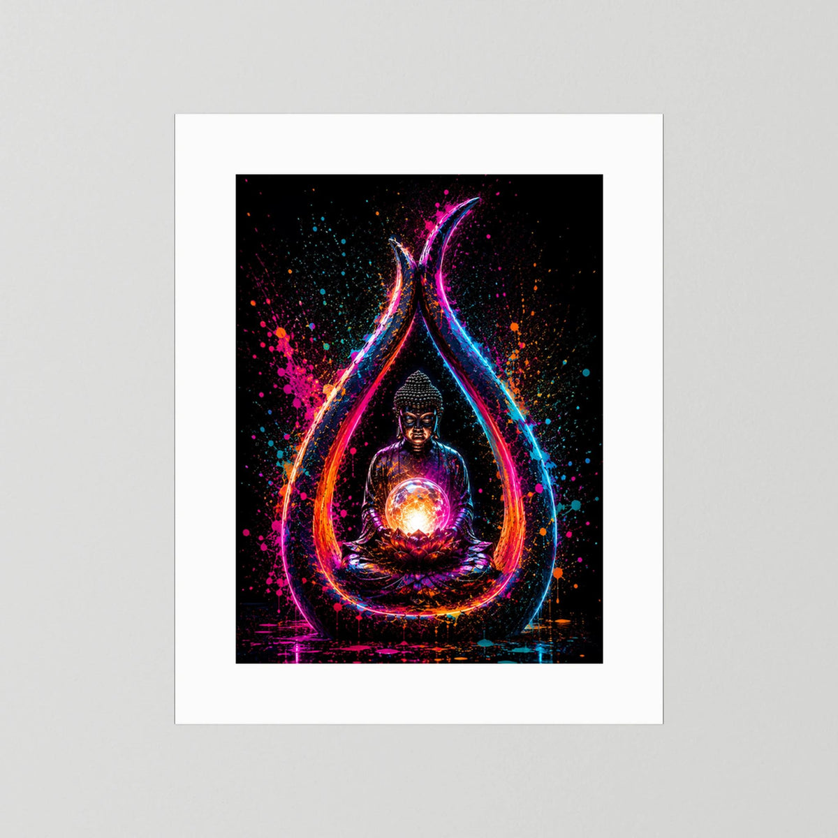 Buddha in Neonfarben | Meditation mit leuchtender Lotusblüte | Poster Hochformat