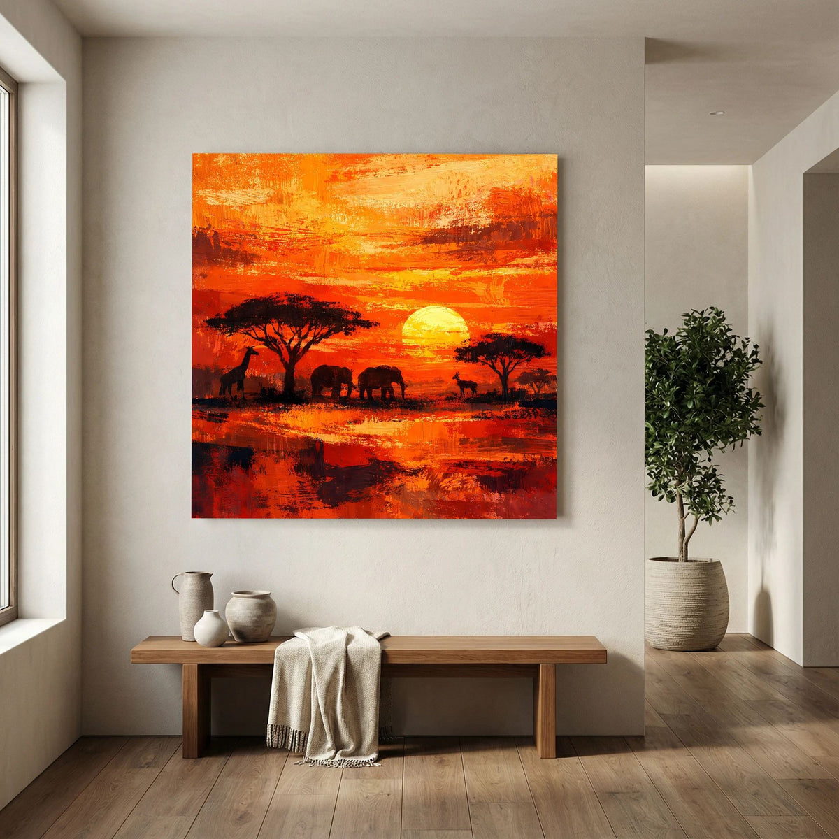 Leinwand-Wandbild mit Sonnenuntergang über Wasserfläche, Silhouetten von Elefanten und Giraffen