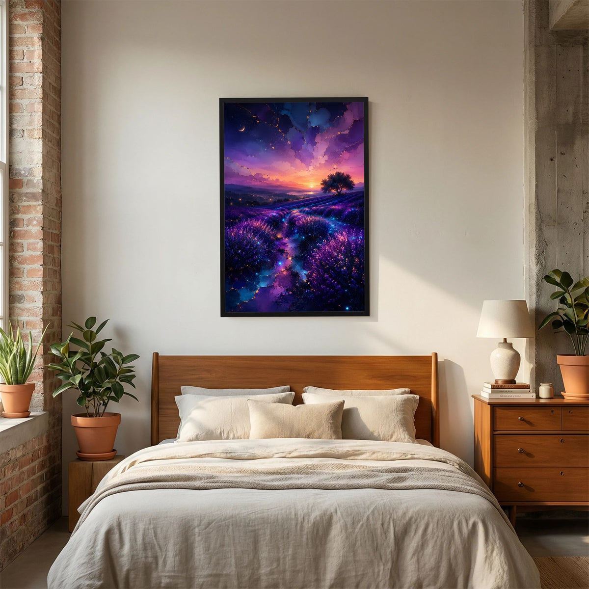 Hochformatiges Poster: Lavendelfeld in Violett und Blau mit Sonnenuntergang, schwarzer Rahmen